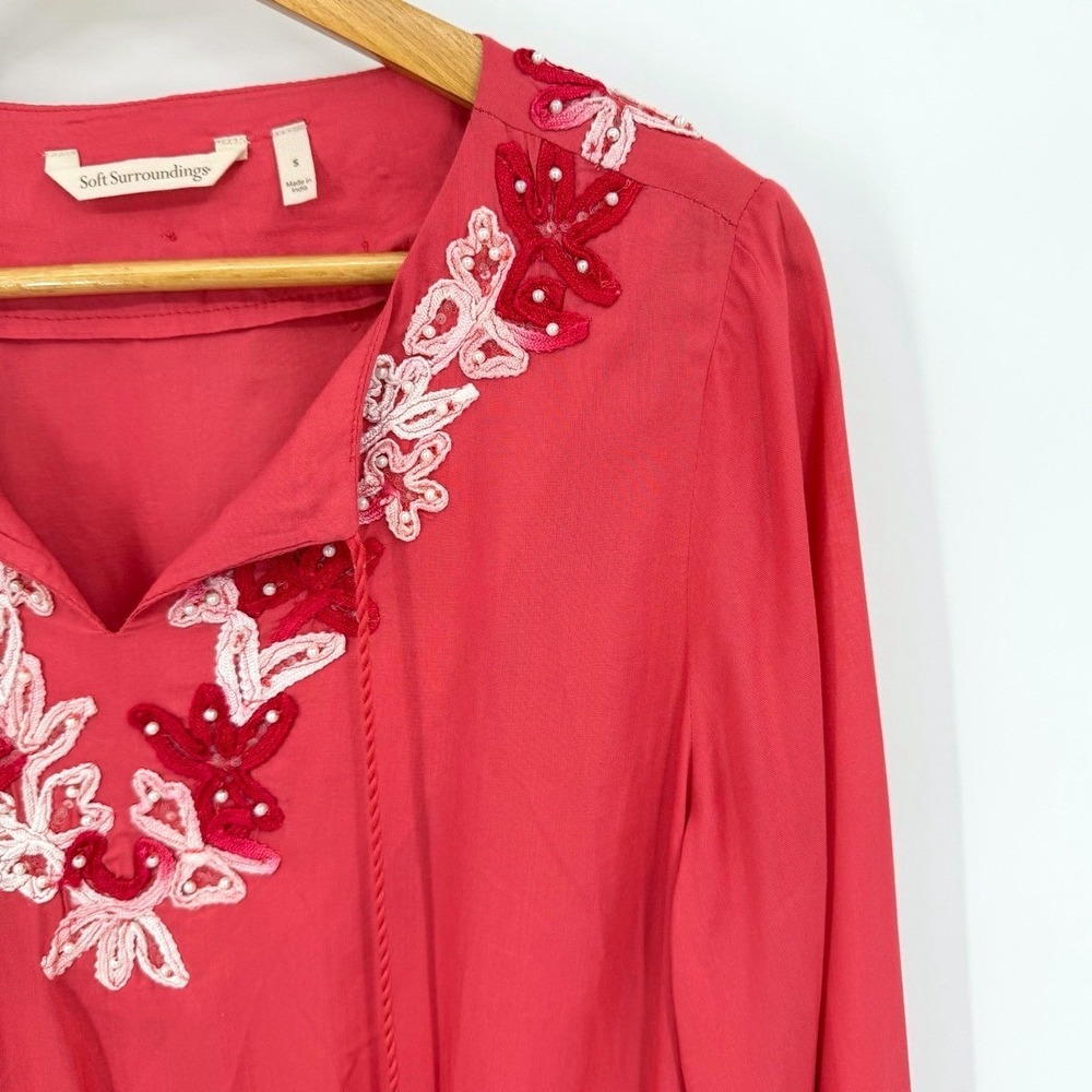 Soft Surroundings Womens Small Tunic Top Embroidered Beaded Tassel Coral Crush - Picture 4 of 9
